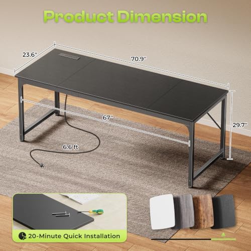 PRAISUN 70 x 24 Inch Computer Desk with Power Outlets & USB-C, Black