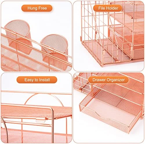 Marbrasse Rose Gold Desk Organizer with File Holder, 5-Tier Paper Letter Tray Organizer and Drawer, Mesh Desktop Storage with Magazine Holder for Office Supplies