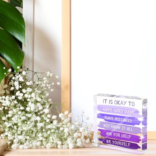 Mental Health “It Is Okay To...” Desk Sign - 4x4 Inch Purple Acrylic Affirmation Decor for Women, Therapy Office Decor, Self-Compassion Gifts, Anxiety Relief & Positive Workspace Accessories