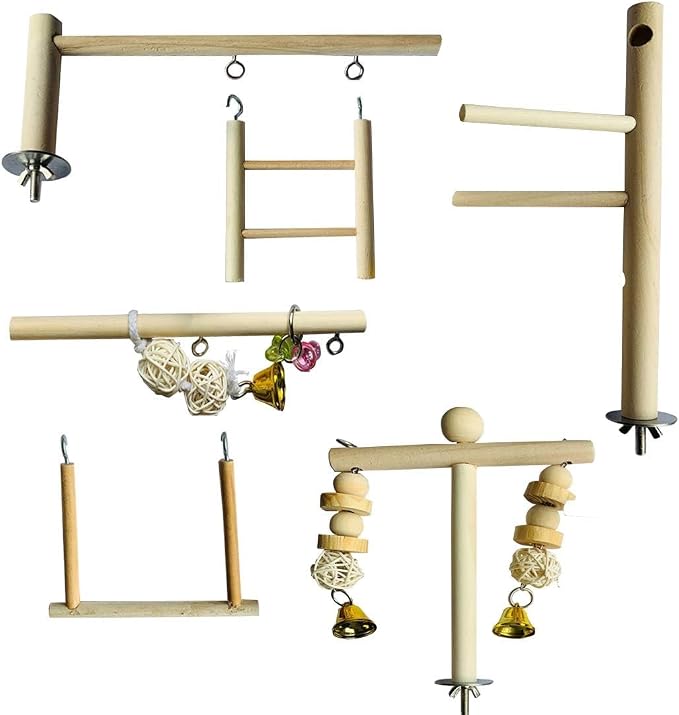 Hamiledyi Natural Wood Bird Play Gym for Small Birds, Parakeet Cockatiel Playstand with Perch, Ladder & Swing Toys for Cage Top(Style B)