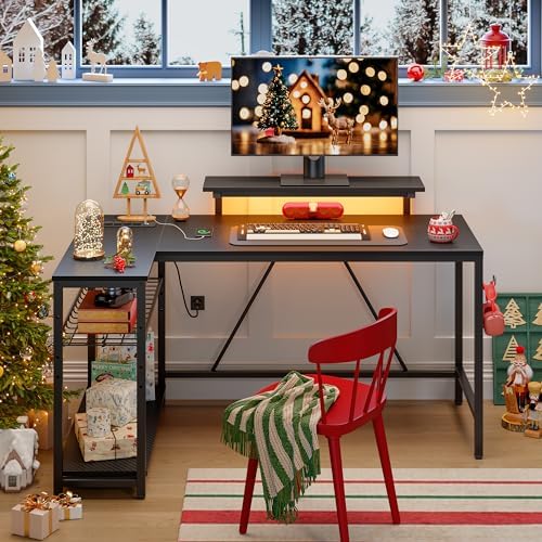 Bestier 58-Inch L-Shaped Gaming Desk with Charging & LED, Black