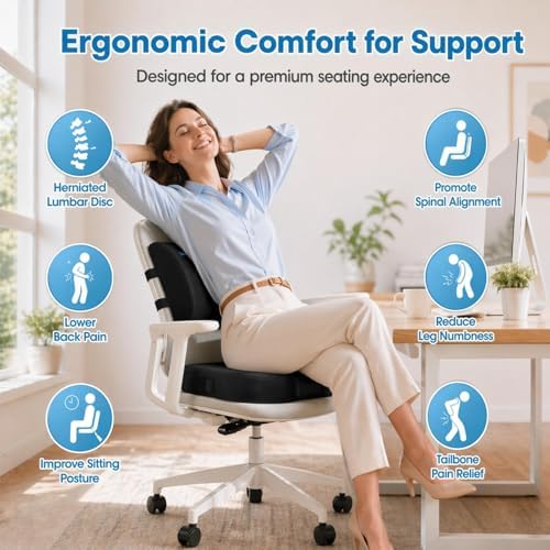 CloudBliss Ergonomic Seat Cushion & Lumbar Support Pillow Set, Black,Large