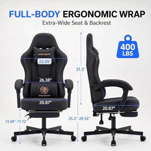 Desk Computer Gaming Chair - High Back Ergonomic Office Chair with Footrest and Lumbar Support, Swivel Comfy Home Gamer Video Game Chairs with Pocket Spring Cushion for Adults (Black Leather)