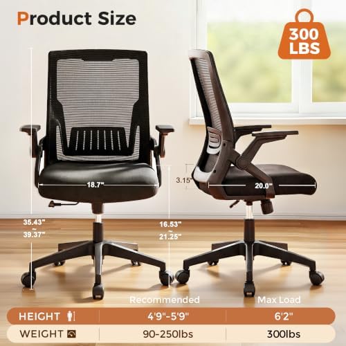 GTPLAYER Ergonomic Office Chair with Flip-up Armrests Executive Computer Chair for Home Office, Breathable Mesh & Comfy Lumbar Support, Black