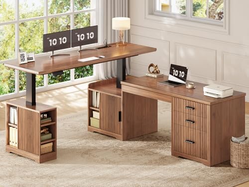 SEDETA Fluted L Shaped Electric Standing Desk, 63" x 67" Height Adjustable Home Office Executive Desk with Drawers and Shelves, Two Person Desk with Power Outlet for Home Office, Brown