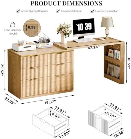 Computer Desk with 6 Drawers, 78" Modern Writing Desk with 0.98" Thickened Desktop & Storage Shelves, Adjustable direction & Extendable Executive Office Desk Study Table for Home Office, Natural Wood