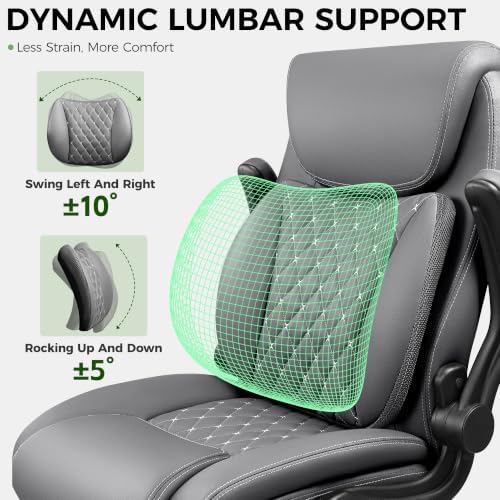 Office Chair, Ergonomic Executive Desk Chair with Lumbar Support for Lower Back Pain Relief, Padded Flip-Up Armrests, Leather Home Office Chair, Gray