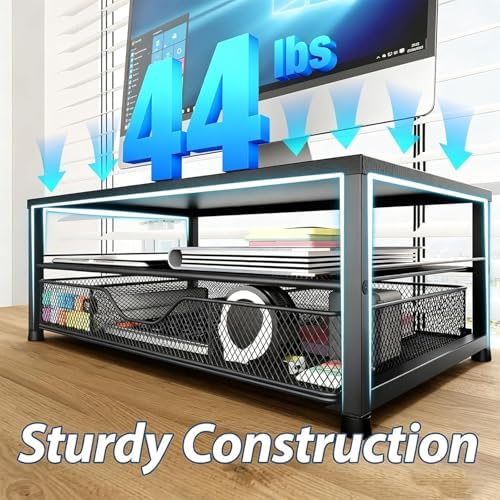 OPNICE Desk Organizer and Accessories, 2-Tier Computer Monitor Stand Riser with Drawer and 2 Pen Holders, Laptop Stand, Office Desk Accessories for Office Supplies, Matte Black
