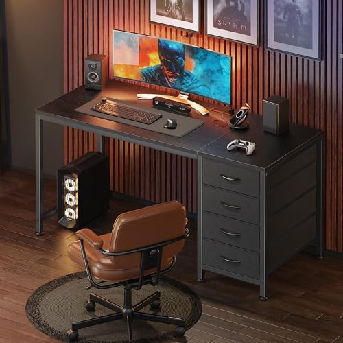 PRAISUN 47.2Inch Computer Office Desk with Power Outelts and USB-C Port, Reversible Gaming Desk with 4 Fabric Drawers, Work Study Desk Work from Home, Black
