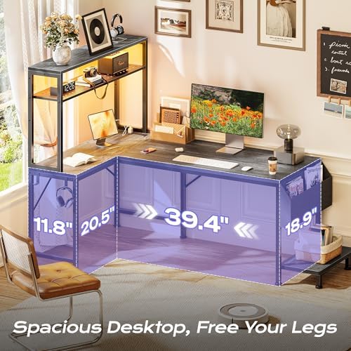 PRAISUN L Shaped Gaming Desk with LED Lights & Power Outlets