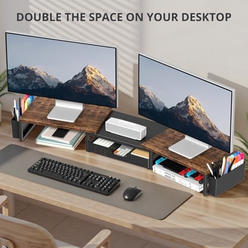 OPNICE Desk Organizers and Accessories, Dual Monitor Stand Riser with Drawer and 2 Pen Holders, Desk Shelf Computer Racks for Office Workspace Organizers, Desktop Organization (Rustic Brown)