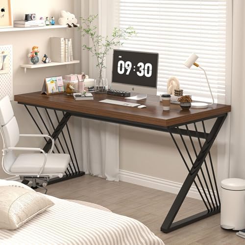 FOLUBAN Home Office Desks, Modern Wood and Metal Writing Study Work Table, Industrial Computer Desk for Bedroom Living Room, Rustic Walnut, 47 Inch