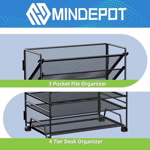 MINDEPOT 4-Tier Paper Organizer + 3-Pocket File Holder, Desktop File Organizers Paper Tray for Office School Classroom Workspace Organization (Black Desk Organizer, No Drawer & No Pen Holder)