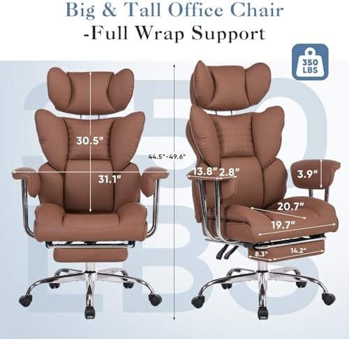 Big and Tall Office Chair 350 LBS, Scratch-Resistant PU Leather Executive Office Desk Chair with Footrest, Ergonomic Reclining Computer Chair with Pocket Spring Support for Home Office, Brown