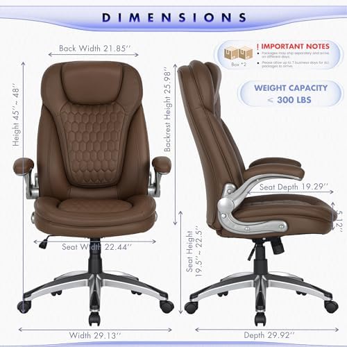 COLAMY High Back Executive Office Chairs Set of 2, Ergonomic PU Leather Desk Chairs with Flip-Up Armrests, Adjustable Height, Lumbar Support, Comfortable Computer Chairs for Home Office, Brown