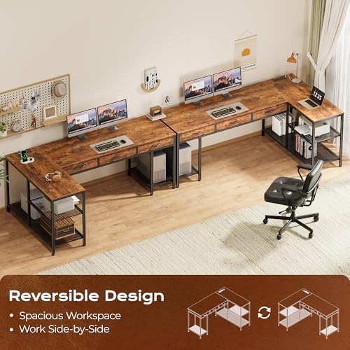 PRAISUN 63 Inch L Shaped Office Desk with Power Outlets and Type-C Port, Large Computer Gaming Desk with 3 Fabric Drawers, Mesh Shelves, Corner Study Work Writing Desk, Rustic Brown