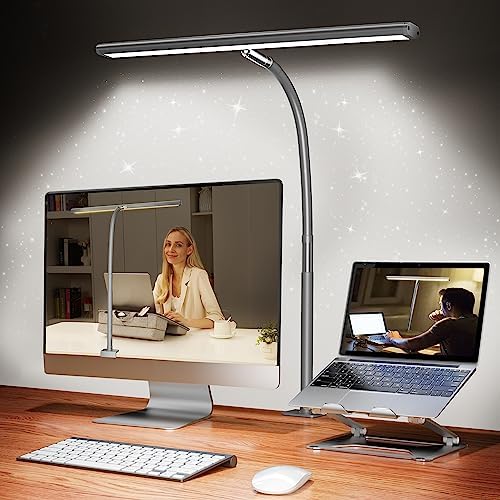 Airlonv LED Desk Lamp with Clamp, 17" Stepless Dimming Light, Grey