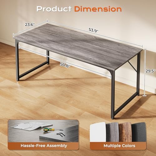 PRAISUN 55 X 24 Inch Computer Desk with Deeper Desktop, Gaming Office Writing Work Desk for Home Office, Study, Bedroom, Work from Home, Metal Frame, Grey