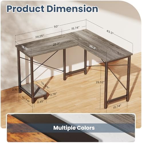 DUMOS 50-Inch Reversible L Shaped Desk with CPU Shelf, Grey