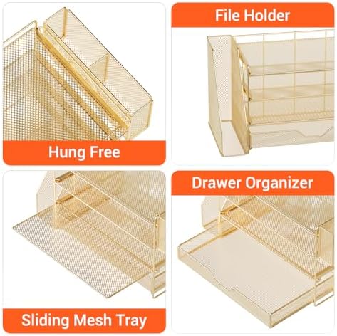 OPNICE Desk Organizers and Accessories, 4-Tier Desktop File Organizer with Drawer and Pen Holders, Office Desk Accessories Workspace Organizers for Office Supplies (Gold)