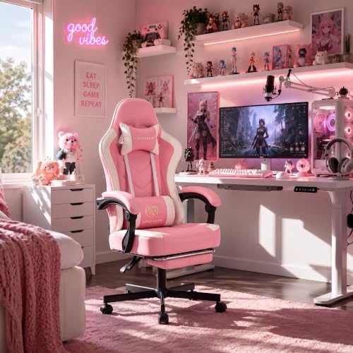 Desk Computer Gaming Chair - High Back Ergonomic Office Chair with Footrest and Lumbar Support, Swivel Comfy Home Gamer Video Game Chairs with Pocket Spring Cushion for Adults (Pink Leather)