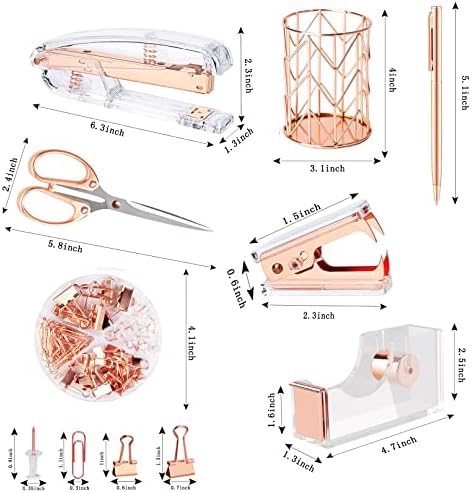 Famassi Rose Gold Desk Accessories，Office Supplies Set Acrylic Stapler Set Staple Remover, Tape Holder, 2 Ballpoint Pen, Scissor, Binder/Paper Clips and 1000pcs Staples.
