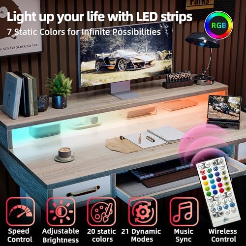 TIQLAB Standing Desk with Two Drawers, Stand Up Standing Desk Adjustable Height, Electric Sit Stand Table with Storage Shelf and Splice Board, with LED Light, 47 * 28 inch, Maple
