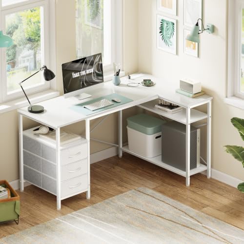 Huuger L Shaped Office Desk with Power Outlets & 3 Drawers