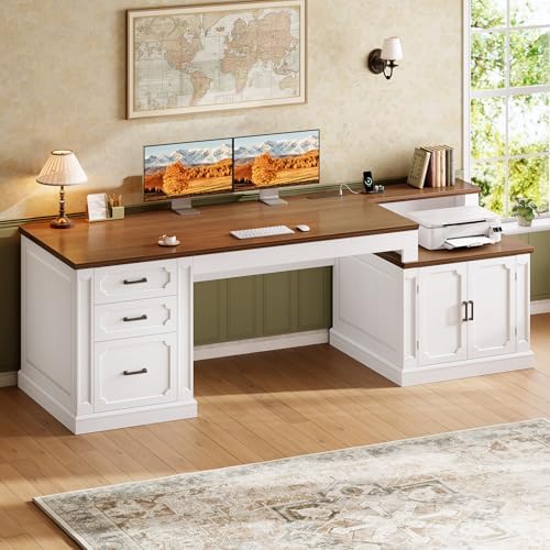 SEDETA Farmhouse 70.9" Executive Desk, Home Office Desk with File Drawers and Storage Cabinet, Computer Desk with Power Outlet for Home Office, Work Study Writing, White+Brown