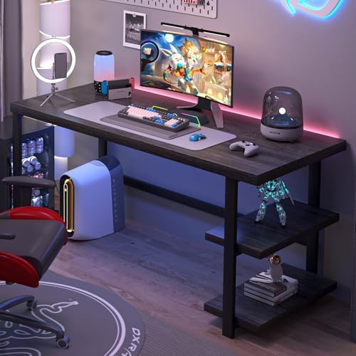 FOLUBAN Home Office Desk, Modern Computer Desk with Storage Shelf, Wood Study Writing Gaming Table for Bedroom Living Room, Industrial Dark Gray, 53 Inch