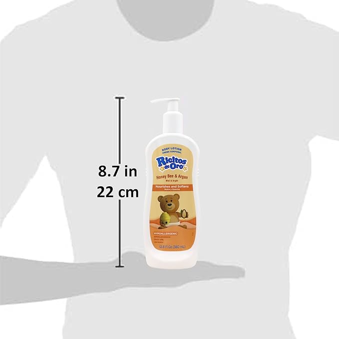 RICITOS DE ORO Honey and Argan Baby Body Lotion That Helps Smooth Baby Skin -Hypoallergenic with Honey Bee Extract Delicious Scent, 2-Pack of 12.8 FL Oz Each, 2 Bottles.