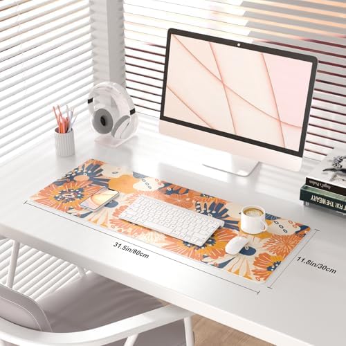 QiyI PU Leather Large Mouse Pad, Office Decor, 31.5" x 11.8", Orange Flower