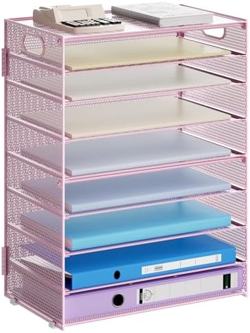 Marbrasse Paper Organizer Letter Tray, 9 Tier Mesh File Organizer with Handle, Paper Sorter Desk Organizer for Home Office Supplies - Pink