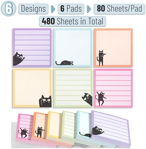 Mr. Pen- Black Cat Sticky Notes Set, 3" x 3", 6 Pads, 480 Sheets | Black Cat Sticky Notes, Memo Pads, Self-Stick Note Pad for Office, School, Home, Study & Organization