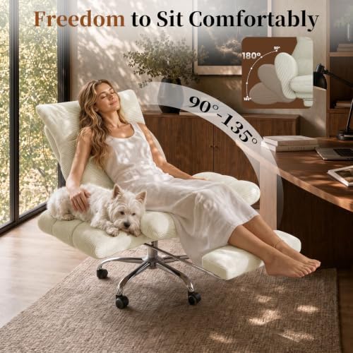HOMRELEXA Cross Legged Office Chair, Cloud Desk Chair with Flip-Up Arm Rests, Foot Rest, Wide Seat, Comfy Executive Ergonomic Computer Gaming Chair, Beige