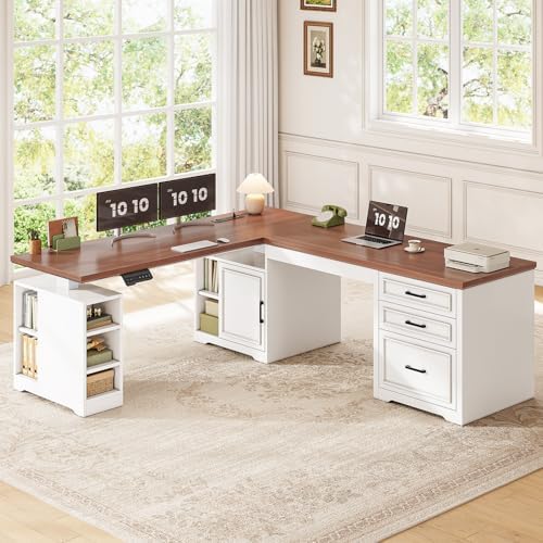 SEDETA Farmhouse L Shaped Standing Desk with Storage for Home Office, White