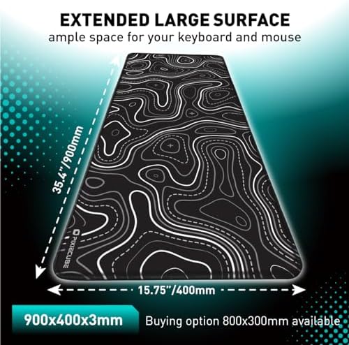 Pixiecube Minimalist Topographic Map Mouse Pad - Contour Extended Large Stitch Edge Mousepad. Black & White Non-Slip XXL Gaming Desk Mat