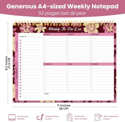 Weekly To Do List Notepad with 52 Undated Sheets（8.5"×11"）- Undated Weekly Planner Notepad for Office Desk Accessories and Supplies - Wine Bloom