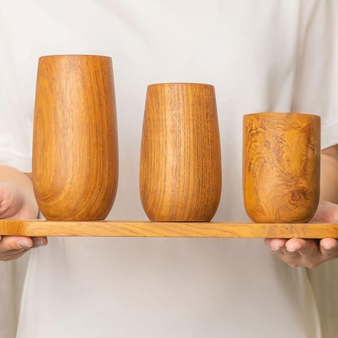 Rainforest Bowls Set of 4 Small Rounded Javanese Teak Wood Cup- 225ml (7.6 oz)- Great for Tea/Coffee/Milk, Hot & Cold Drinks- Ultra-Durable- Premium Wooden Cup Handcrafted by Indonesian Artisans