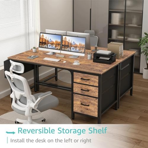 Lufeiya Computer Desk with Fabric File Drawers Cabinet, 55 Inch Reversible Home Office Desks with Filing Cabinet for Small Space, Study Writing Table PC Desks with Storage for Bedroom, Rustic Brown