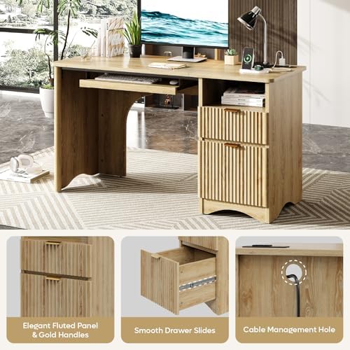 Bestier Computer Desk with Drawer, 55 inch Office Desk with Power Outlet, Modern Home Office Desk with Keyboard Tray (Natual Oak, 55" W with Single-Sided Drawers)