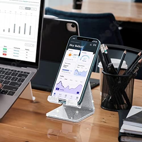 Crpich Acrylic Cell Phone Stand, Portable Phone Holder, Phone Stand for Desk, Compatible with Phone16 15 14 13 12 Pro Max Mini 11 Xr Plus SE, Switch, Android Smartphone, Pad, Tablet, Glitter Silver