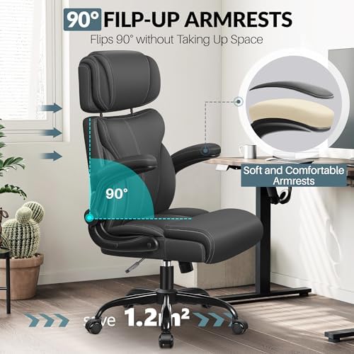 Office Chair, Ergonomic Big and Tall Computer Desk Chair with Retractable Adjustable Headrest, Executive Breathable Leather Chair, Lumbar Support Swivel Flip-up Armrests Rocking Function,Matte Black