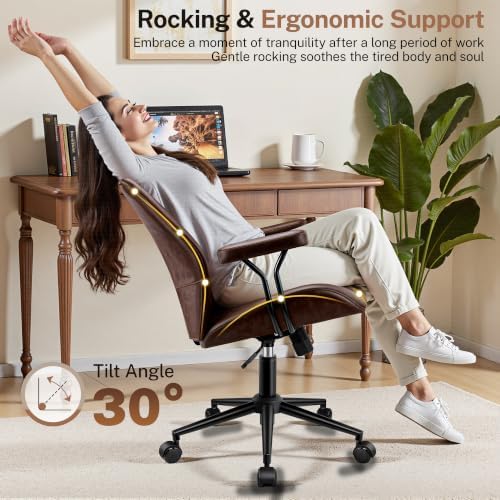 Leather Office Chair with Removable Armrests, Mid Back Ergonomic Desk Chair with Lumbar Support, Adjustable Height Rocking Swivel Executive Chair for Home Office,Reddish Brown