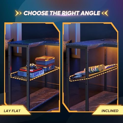 Bestier 42-Inch L-Shaped Gaming Desk with Charging & LED, Marble Black