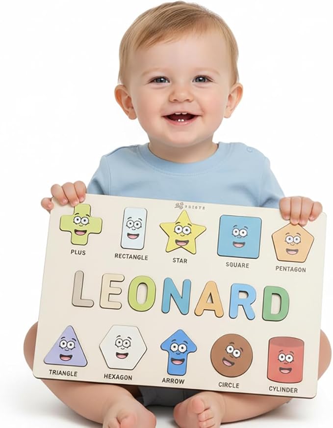 Personalized Name Puzzle for Toddlers 1-3, Customized Baby Girl Gift, Custom Baby Boy Gift, Wooden Name Puzzle for Kids, Custom Baby Stuff, Baby Nursery Room Decor (Shapes - 10 Figures)