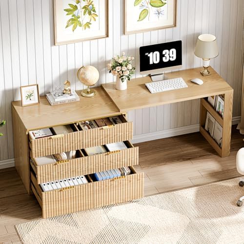 Computer Desk with 6 Drawers, 78" Modern Writing Desk with 0.98" Thickened Desktop & Storage Shelves, Adjustable direction & Extendable Executive Office Desk Study Table for Home Office, Natural Wood