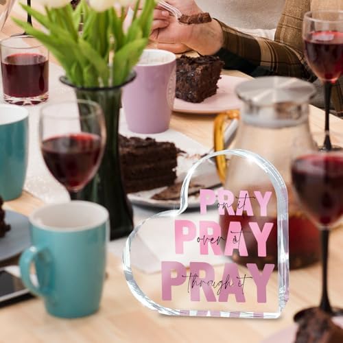 Pink Christian Gifts for Women, Pink Bedroom Decor, Pray On it Pray Over it Through it Acrylic Sign Decorative for Home Pastor Farmhouse Living Room Church Table Desk Bookshelf, St. Patrick's Day Decor