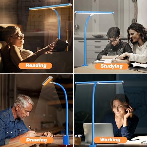 Airlonv LED Desk Lamp with Clamp, 17" Stepless Dimming Light, Blue