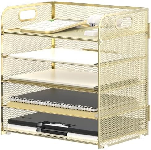 Supeasy 5 Trays Paper Organizer Letter Tray with Handle-Mesh Desk File Organizer, Paper Sorter Desk Organizer for Office, Home or School (Golden)